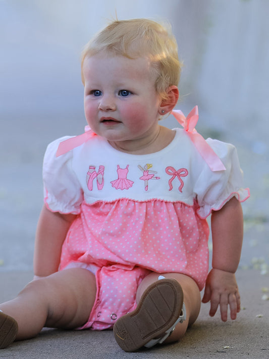 Fall Pink Ballet Embroidery Bow Bubble Romper -