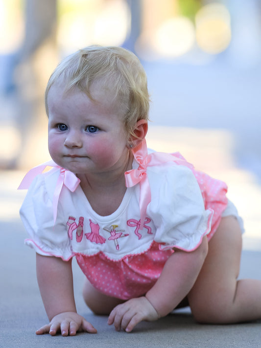 Fall Pink Ballet Embroidery Bow Bubble Romper -