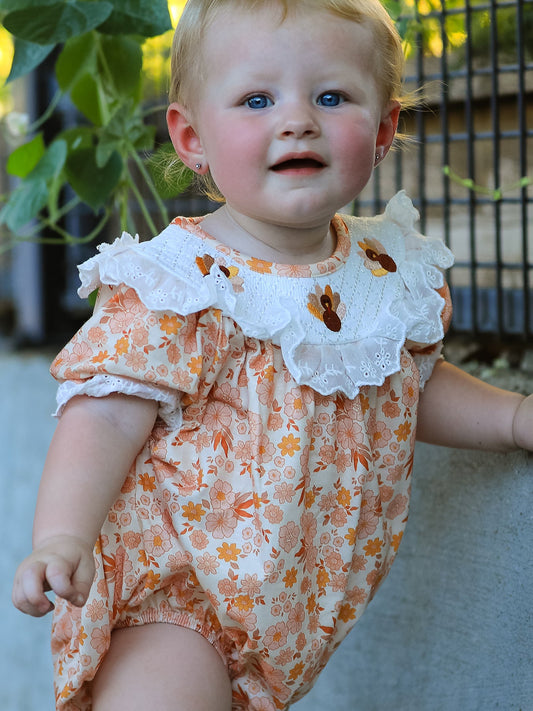 Thanksgiving Turkey Floral Lace Bubble Girls Romper -