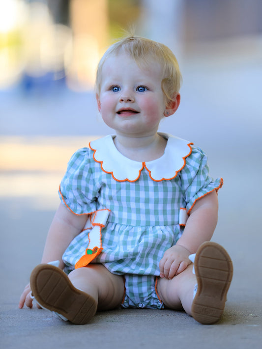 Fall Plaid Baby Girl Romper Pumpkin Bow Peter Pan Collar -