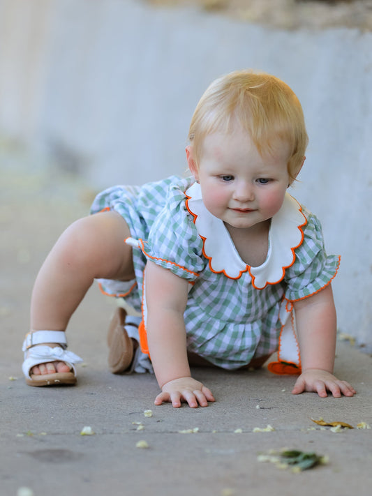 Fall Plaid Baby Girl Romper Pumpkin Bow Peter Pan Collar -