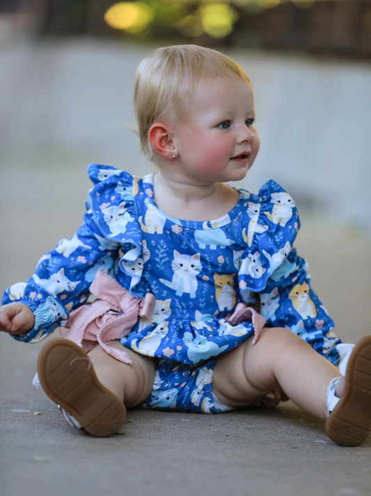 Fall Cat Print Girls Long Sleeve Romper -