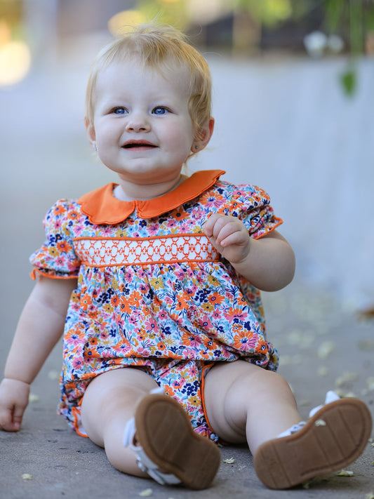 Fall Floral Smocked Petals Collar Girls Bubble Romper -
