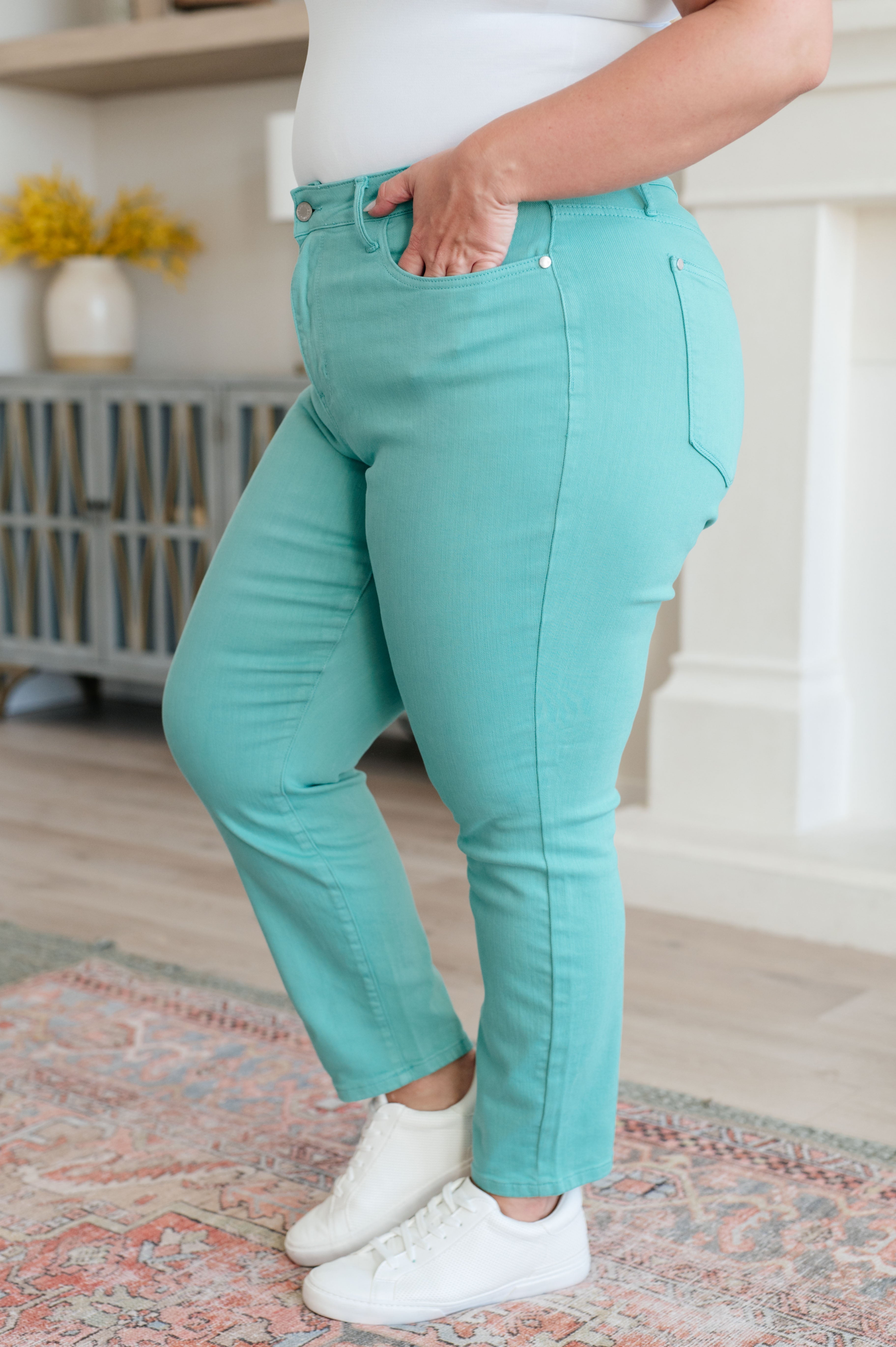 Bridgette High Rise Garment Dyed Slim Jeans in Aquamarine in - Denim photo