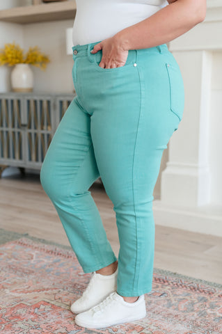 Bridgette High Rise Garment Dyed Slim Jeans in Aquamarine in - Denim photo