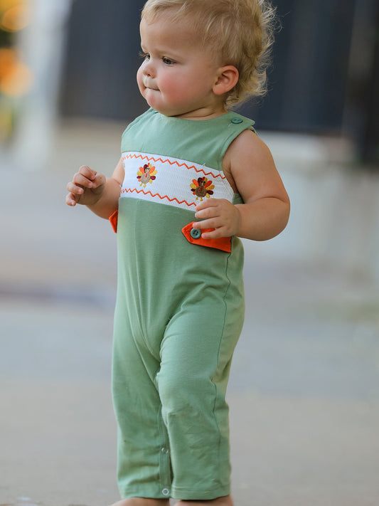 Fall Thanksgiving Chicken Smock Embroidered Green Boys Romper -
