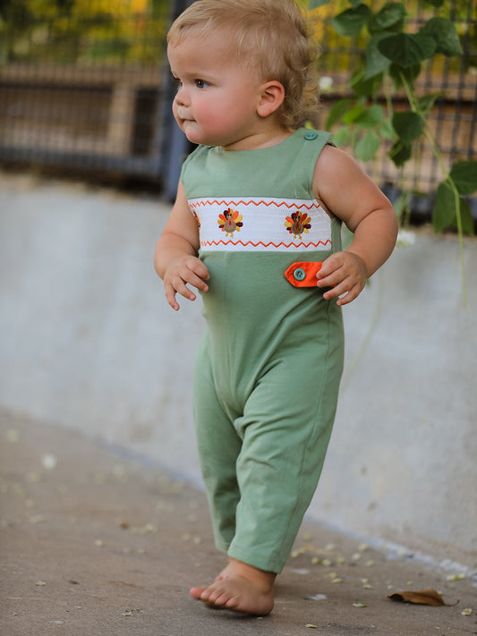 Fall Thanksgiving Chicken Smock Embroidered Green Boys Romper -