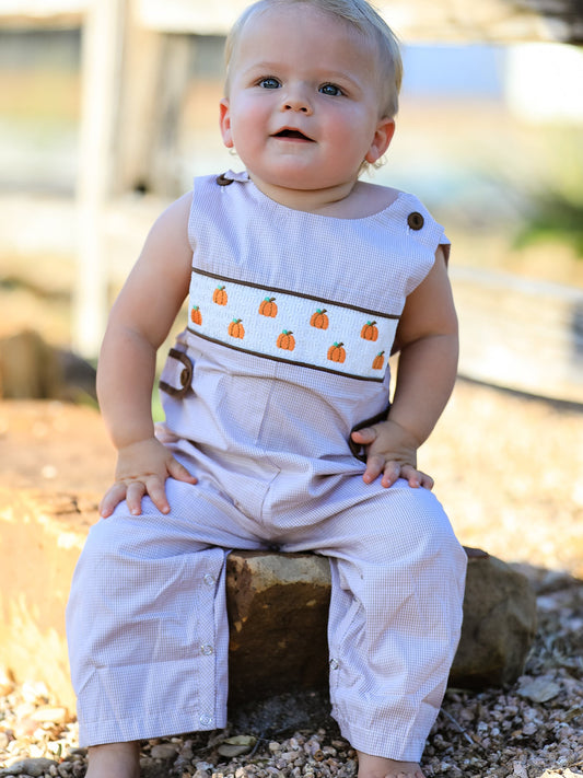 Fall Halloween & Thanksgiving Pumpkin Smock Embroidered Boys Romper -