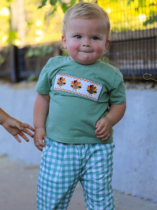 Fall Thanksgiving Chicken Smock Embroidered Green Plaid Boys 'Set -