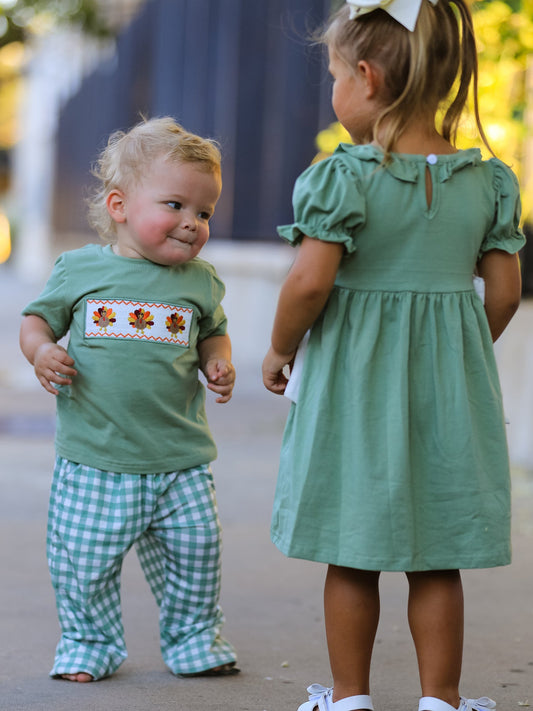 Fall Thanksgiving Chicken Smock Embroidered Green Baby Girl Dress -
