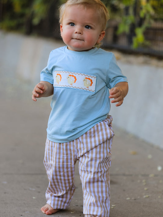 Fall Thanksgiving Plaid Chick Embroidery Smocking Boys Set -
