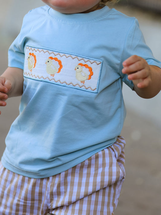 Fall Thanksgiving Plaid Chick Embroidery Smocking Boys Set -