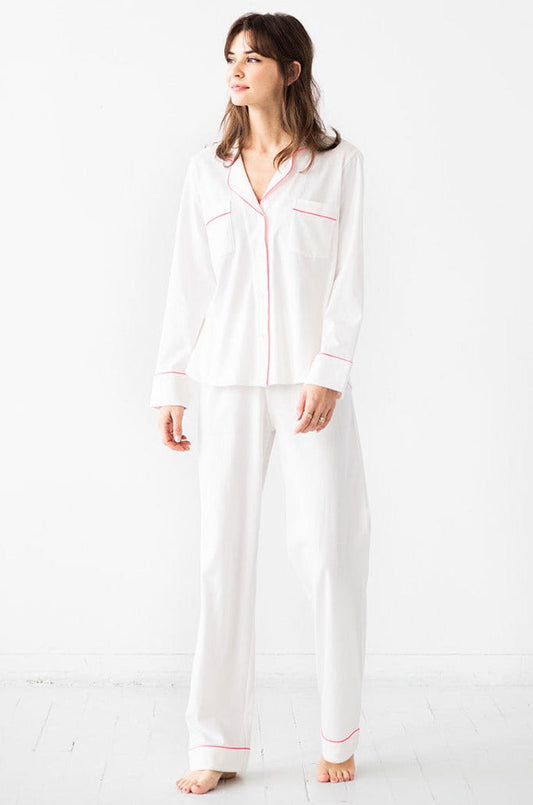 Classic Luxury Pajamas in Brushed Pima Cotton in White Neon Pink - PAJAMAS photo