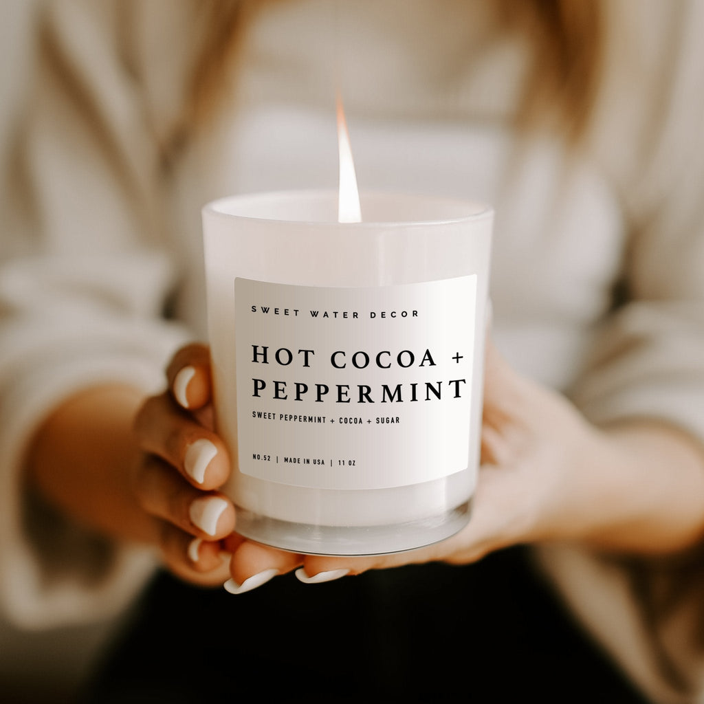 Hot Cocoa and Peppermint Soy Candle - White Jar - 11 oz in - Candles photo