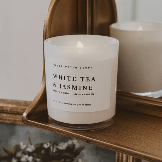White Tea and Jasmine Soy Candle - White Jar - 11 oz in - Candles photo