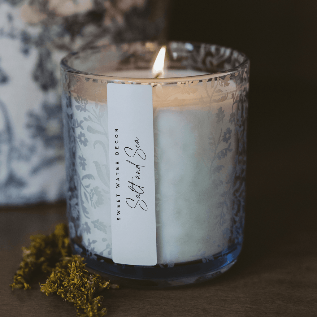 Salt and Sea Soy Candle - Blue Tinted Glass Jar - 12 oz in - Candles photo