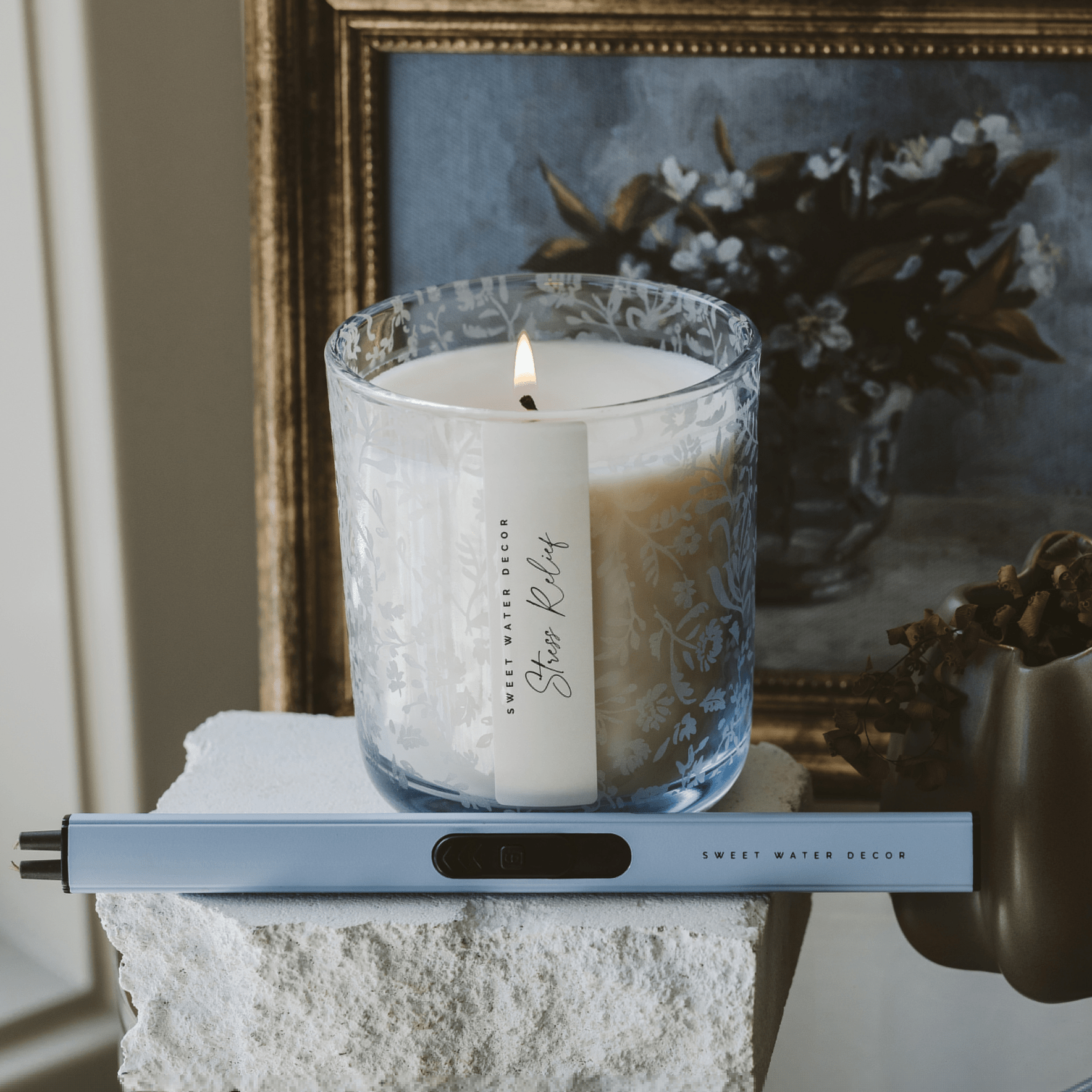 Stress Relief Soy Candle - Blue Tinted Glass Jar - 12 oz in - Candles photo