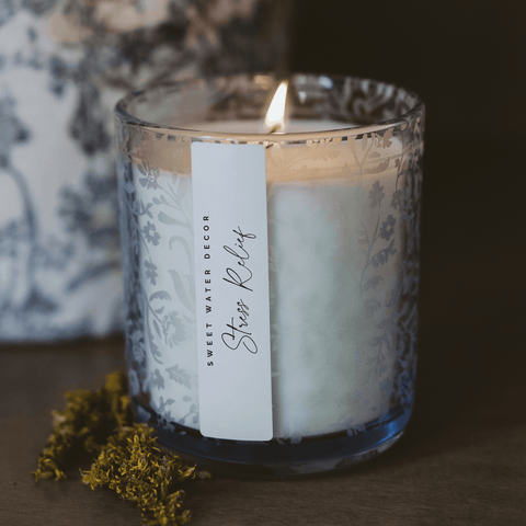 Stress Relief Soy Candle - Blue Tinted Glass Jar - 12 oz in - Candles photo
