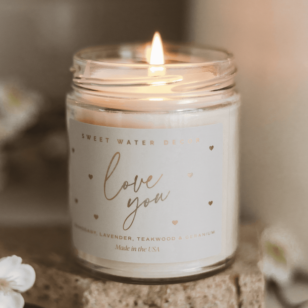 Love You Soy Candle Patterned - Clear Jar - 9 oz (Driftwood and Mahogany) in - Candles photo