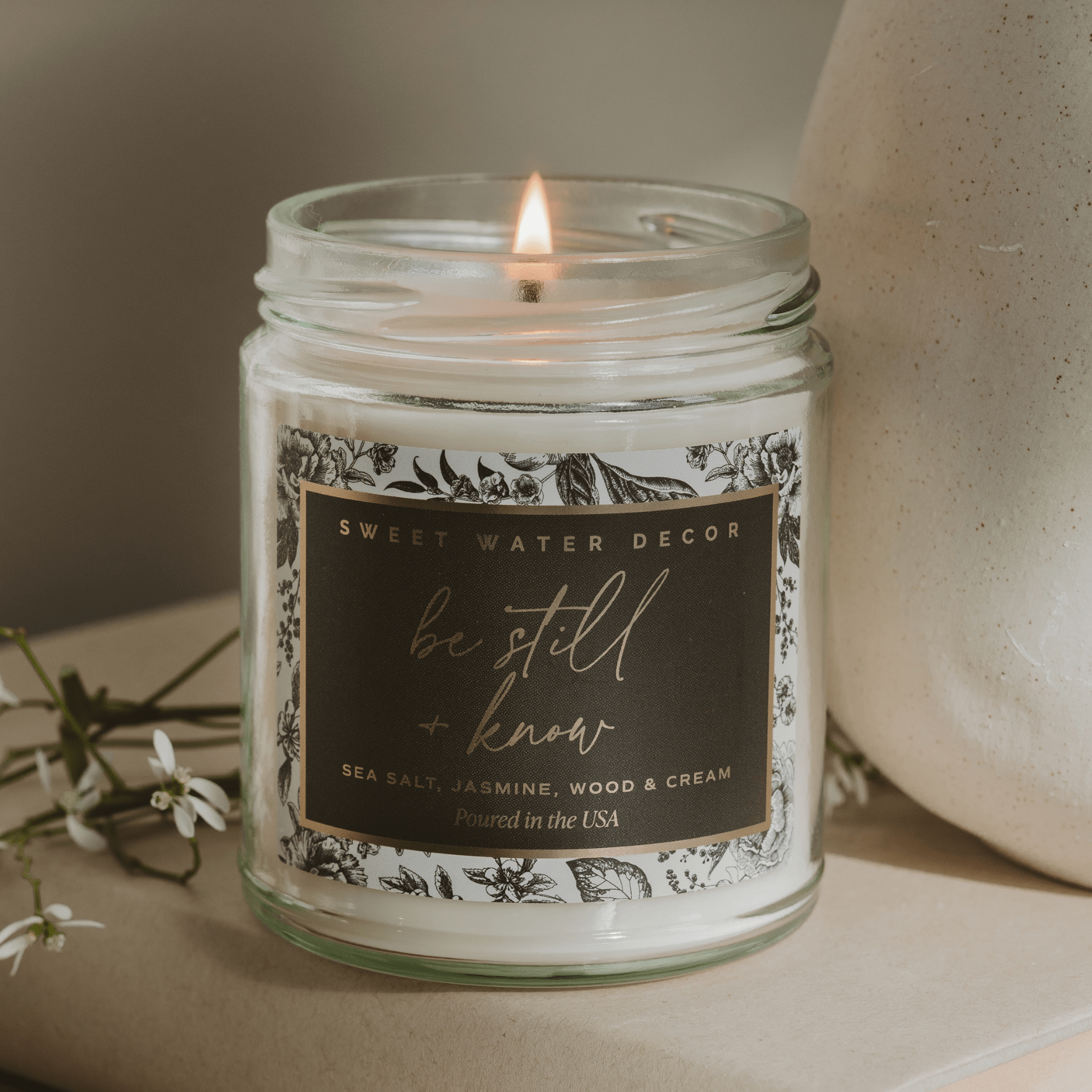Be Still and Know Soy Candle - Clear Patterned Jar - 9 oz in - Candles photo