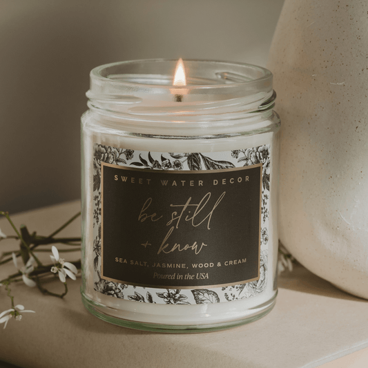 Be Still and Know Soy Candle - Clear Patterned Jar - 9 oz in - Candles photo