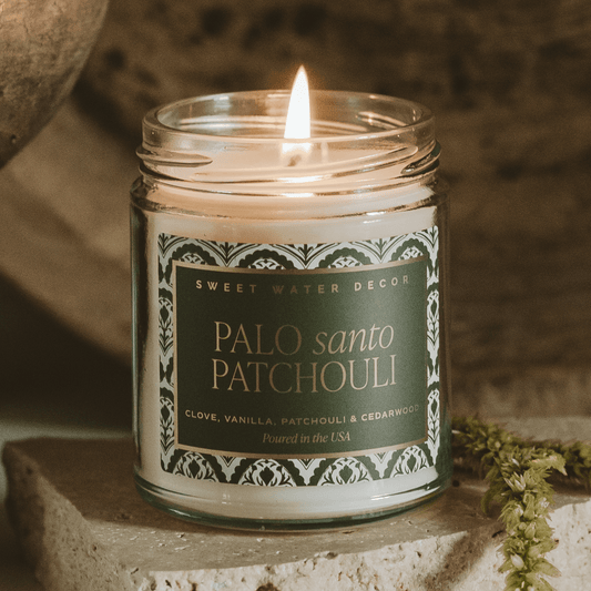 Palo Santo Patchouli Soy Candle - Clear Patterned Jar - 9 oz in - Candles photo