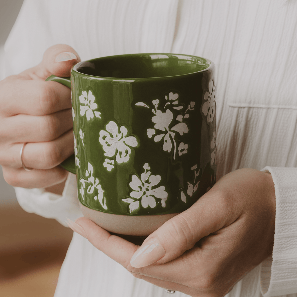 Green Floral 14oz. Stoneware Coffee Mug - SwagglyLife Home & Fashion