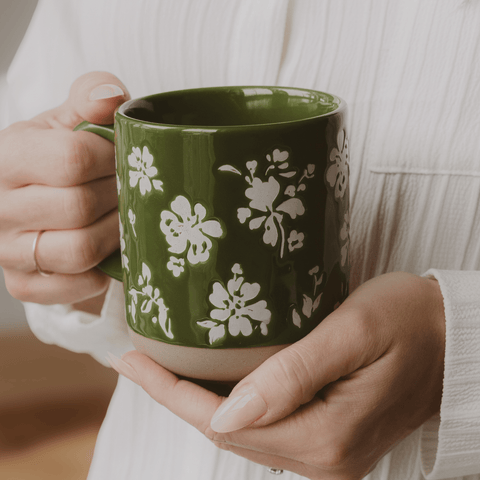 Green Floral 14oz. Stoneware Coffee Mug - SwagglyLife Home & Fashion