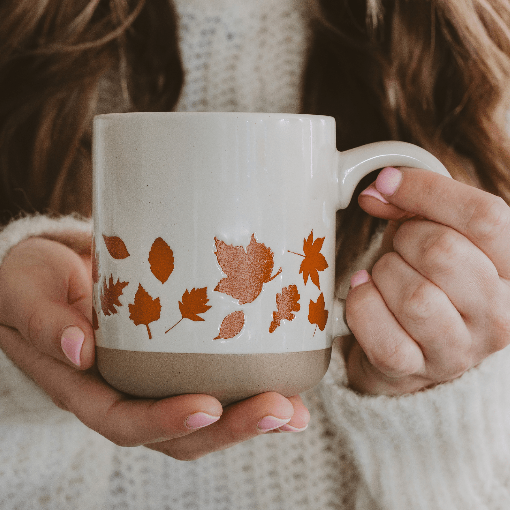 Orange Leaves 14oz. Cream Stoneware Coffee Mug - SwagglyLife Home & Fashion