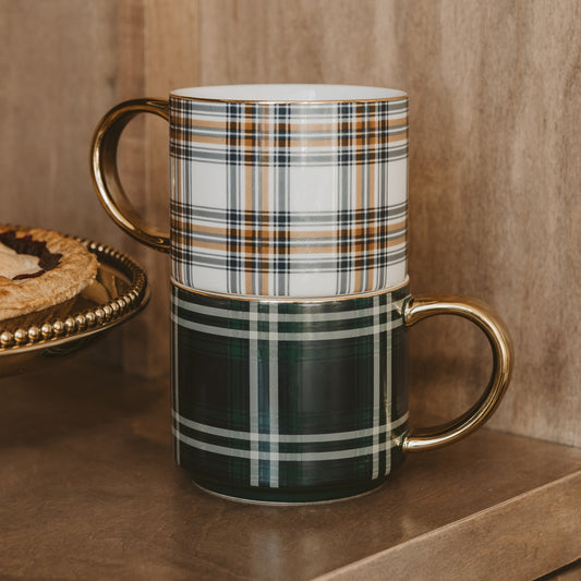 Navy Plaid 14 oz Gold Handle Coffee Mug -