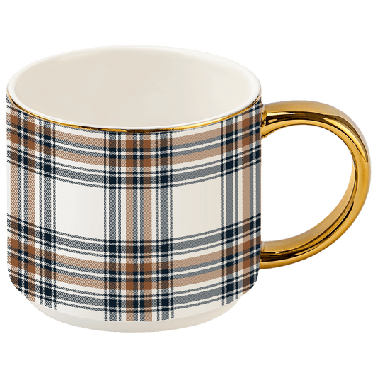 Orange Navy Plaid 14 oz Gold Handle Coffee Mug -