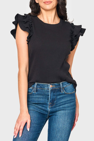 Flutter Sleeve Rib Knit Top in Black - 10, KNIT TOPS, 103 photo
