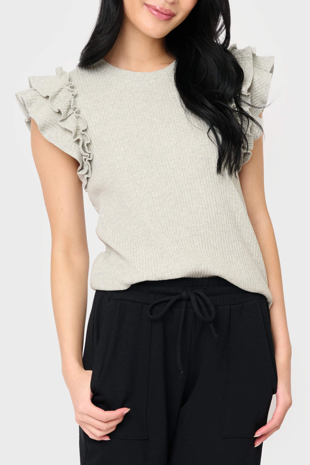 Flutter Sleeve Rib Knit Top in Heather Grey - 10, KNIT TOPS, 103 photo