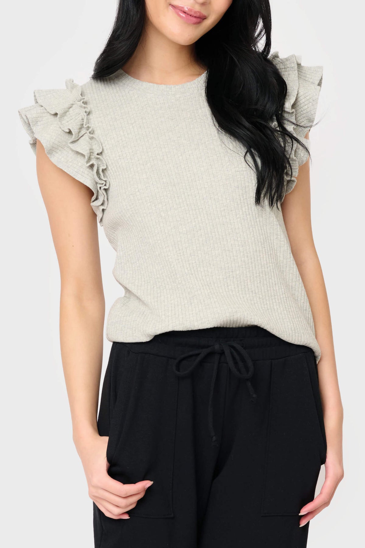 Flutter Sleeve Rib Knit Top in Heather Grey - 10, KNIT TOPS, 103 photo