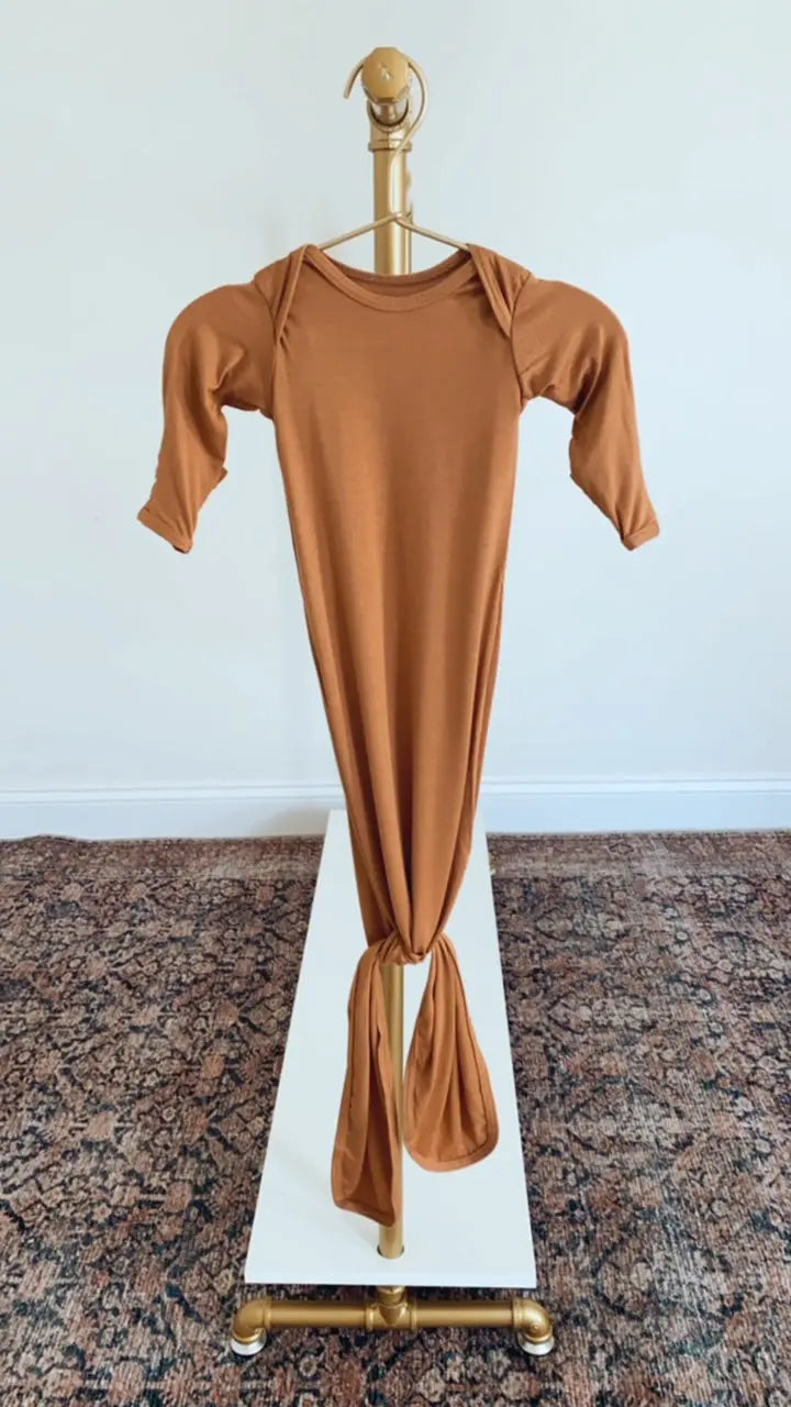 Newborn Knotted Baby Gown and Hat Set - Crew - (Newborn-3 months) Mint, Navy Blue, Pink, Camel Brown in Camel Hat - Newborn Knotted Baby Gown Sets photo