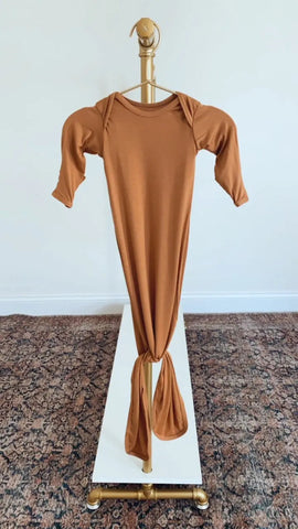Newborn Knotted Baby Gown and Hat Set - Crew - (Newborn-3 months) Mint, Navy Blue, Pink, Camel Brown in Camel Hat - Newborn Knotted Baby Gown Sets photo