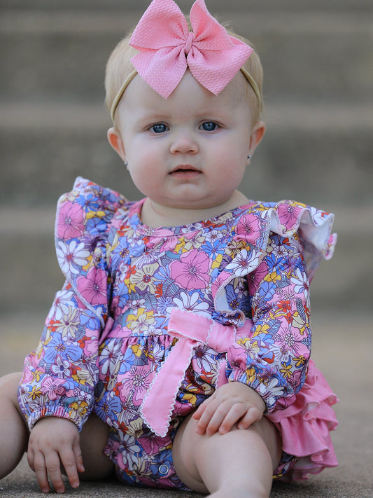 Fall Vintage Floral Print Girls Long Sleeve Romper -