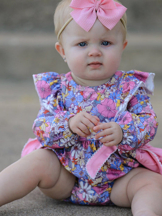 Fall Vintage Floral Print Girls Long Sleeve Romper -