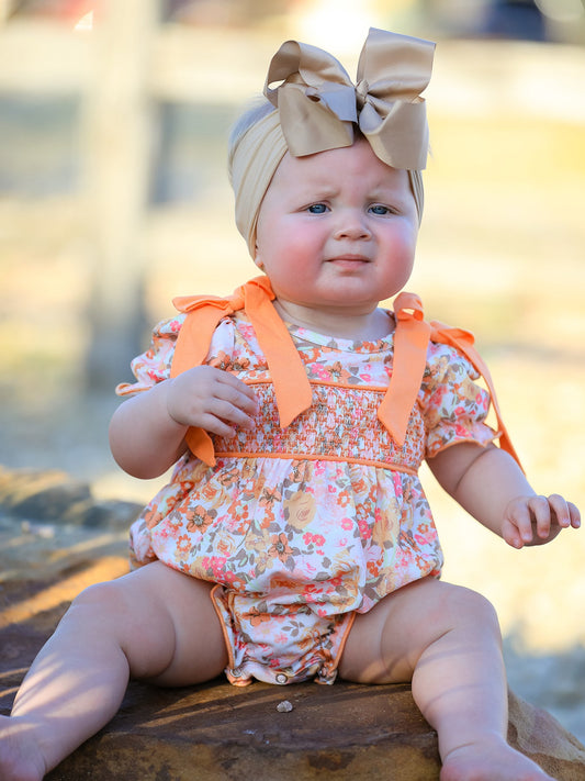 Peach Bow Smocked Floral Baby Bubble -
