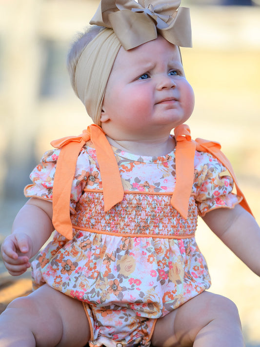 Peach Bow Smocked Floral Baby Bubble -