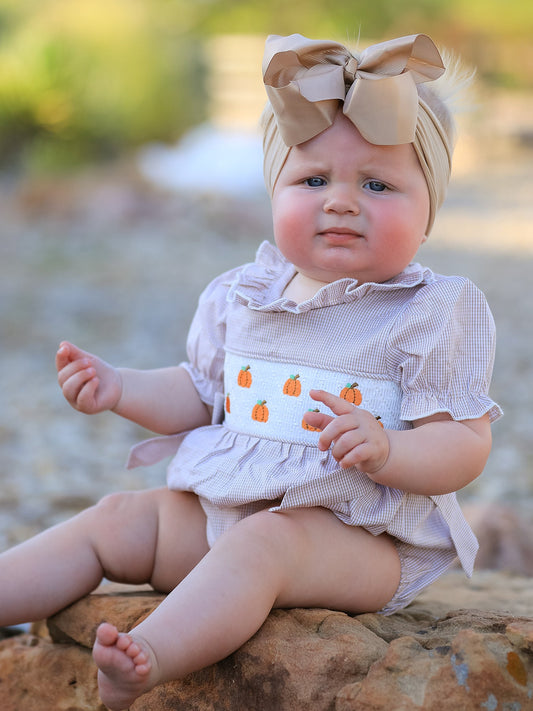 Fall Halloween & Thanksgiving Pumpkin Embroidery Smock Plaid Baby Girl Romper -