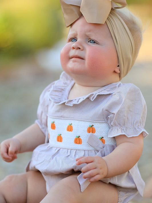 Fall Halloween & Thanksgiving Pumpkin Embroidery Smock Plaid Baby Girl Romper -