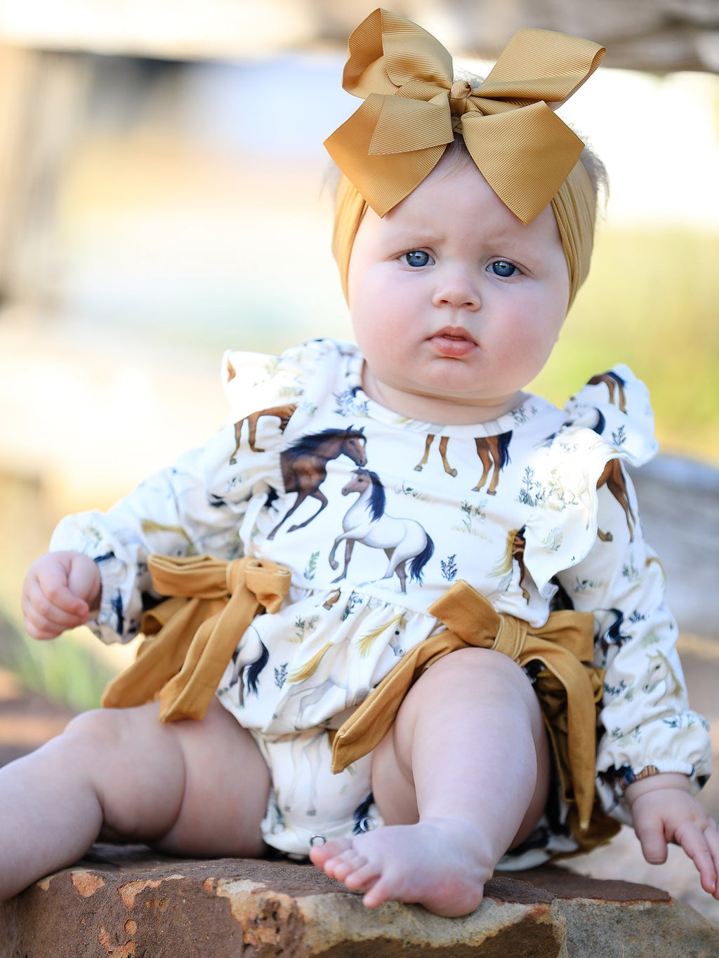 Western Horse Girls Romper Bow Ruffle Long Sleeve -