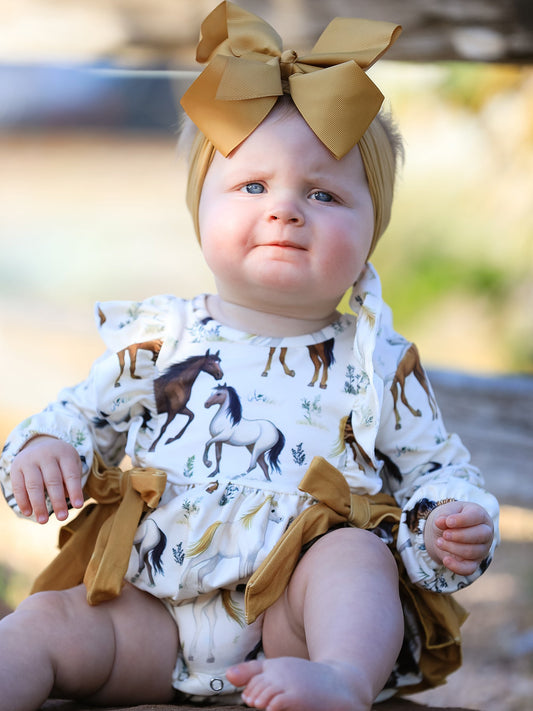 Western Horse Girls Romper Bow Ruffle Long Sleeve -