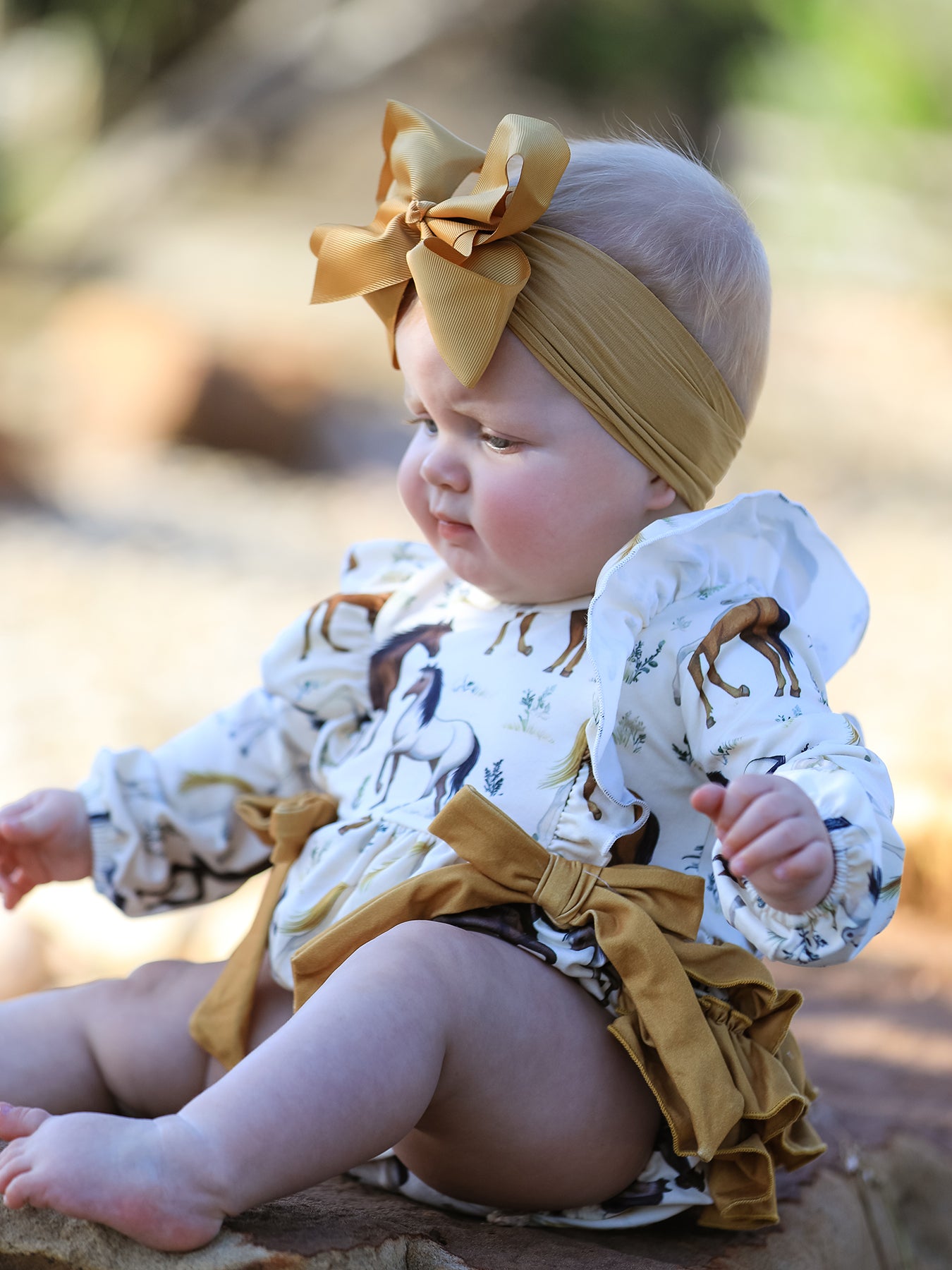 Western Horse Girls Romper Bow Ruffle Long Sleeve -