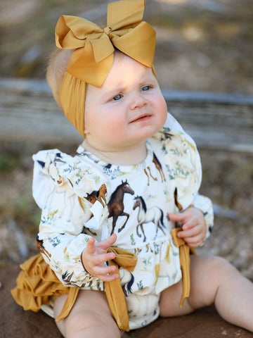 Western Horse Girls Romper Bow Ruffle Long Sleeve -