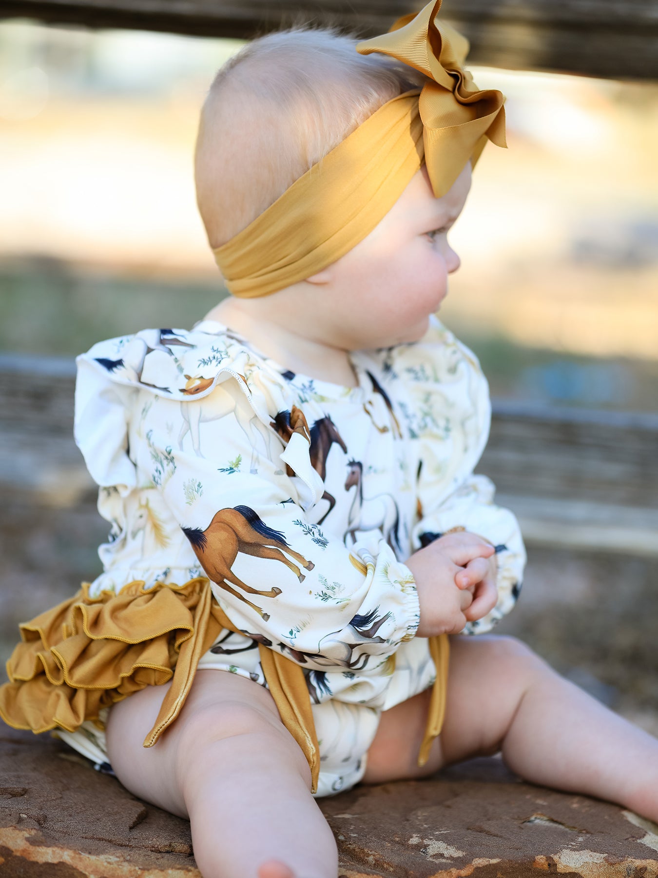 Western Horse Girls Romper Bow Ruffle Long Sleeve -