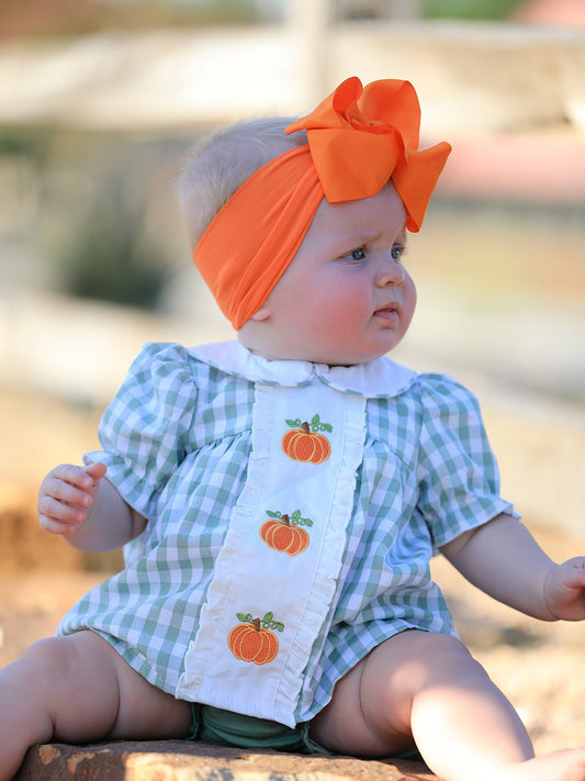 Fall Halloween & Thanksgiving Applique Plaid Girls Bloomers Romper Set -