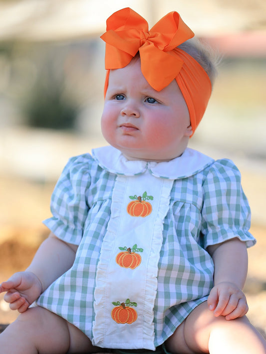 Fall Halloween & Thanksgiving Applique Plaid Girls Bloomers Romper Set -