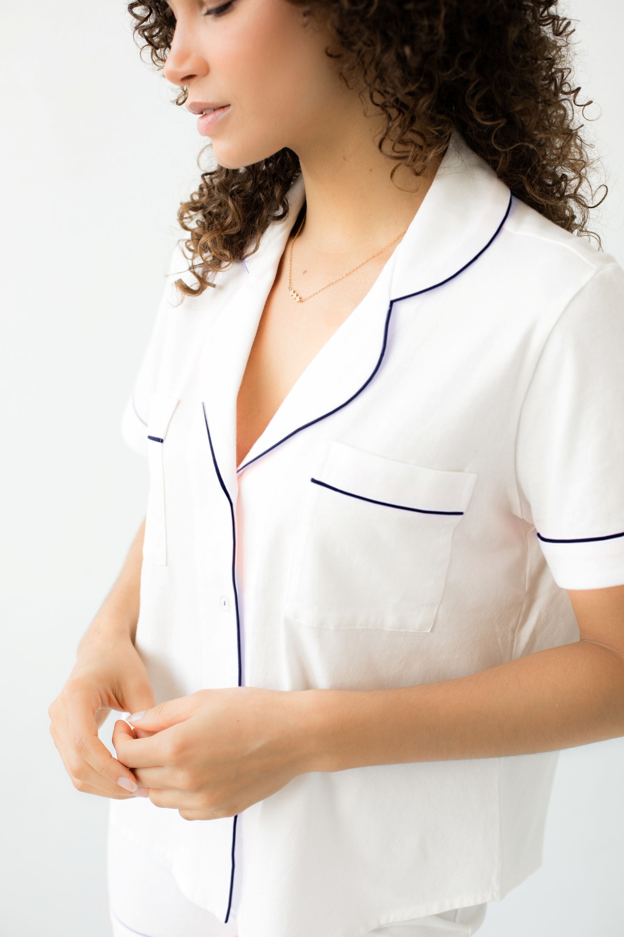 Classic Luxury Shorties Pajamas in Brushed Pima Cotton in White Navy - PAJAMAS photo